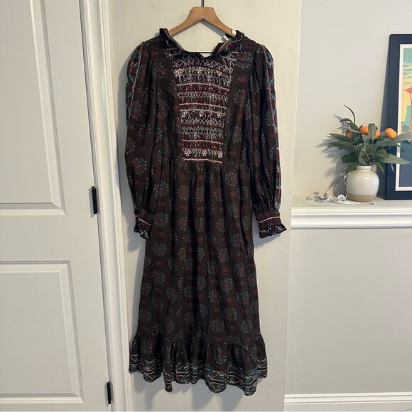 Sea New York Black Blue Embroidered Smocked Maxi Dress S/M - Picture 13 of 14